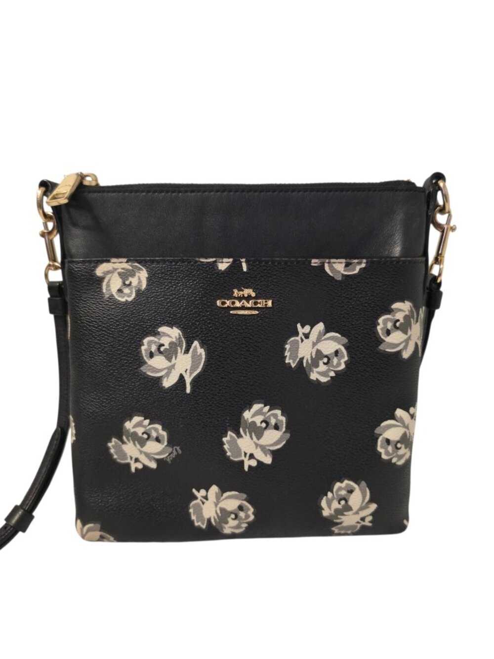 Coach Kitt Messenger Crossbody Bag With Floral Print 79686 Black Gold Hardware